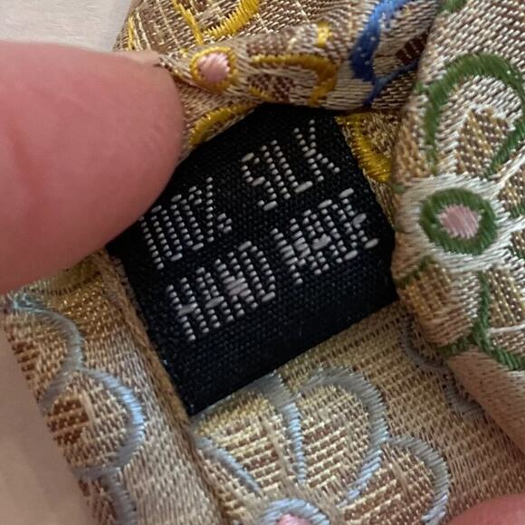 Emilio Ponti Roma Milano Mens Silk Striped Floral Tie, Gold Blue Green Tan, 61" - Picture 6 of 9